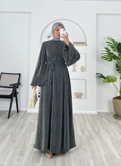 7315 -örme nobel kumaş balon kol hakim yaka kuşaklı taşlı elbise - gümüş