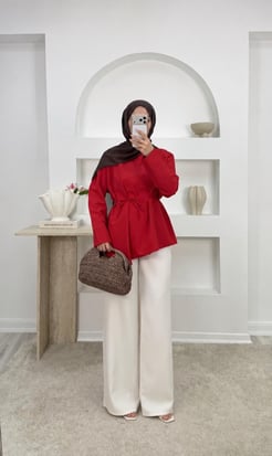 1388-poplin kumaş bağlamalı asimetrik tunik-kırmızı