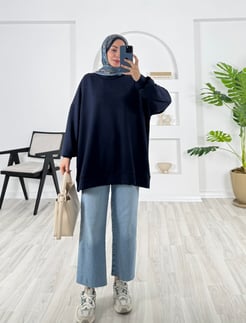 5236-oysho kumaş-balıkçı yaka düz model tunik-lacivert
