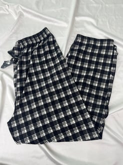 ç0139 - süet kumaş bol paça kareli pijama altı - siyah