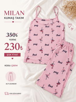ç0014 milan kumaş ip askılı flamingo desen pijama takımı-pembe
