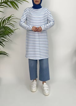 5356-suprem penye kumaş-çizgili tunik-mavi
