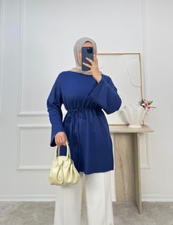 7313-kristal kumaş bağlamalı tunik-lacivert