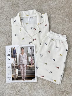 ç8613-bürümcük kumaş gömlek yaka fiyonklu pijama takımı-beyaz