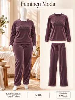 ç9736-battal boy kadife kumaş uzun kol pijama takımı-mor