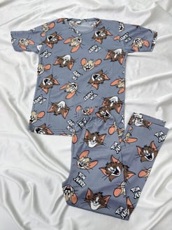 ç73012 - milan kumaş kısa kollu tom&jerry çoçuk pijama takımı - füme  