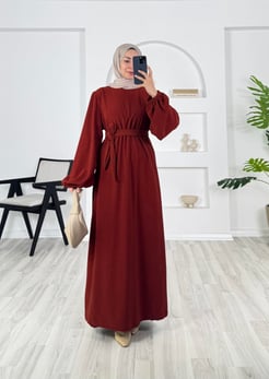 4438 - kışlık astana kumaş kemerli elbise - kiremit