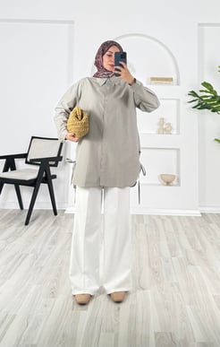 8436-poplin kumaş yanları baglamalı gömlek - kurşun 