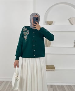 3264-nakış çiçekli triko hırka-yeşil