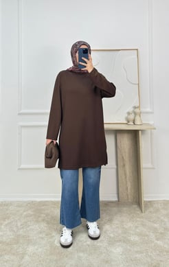 0864 -oysho kumaş yanları yırtmaçlı tunik -acı kahve 