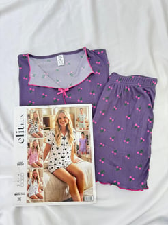 ç8658-viskon kaşkorse kumaş gömlek yaka kirazlı şortlu pijama takımı-mor