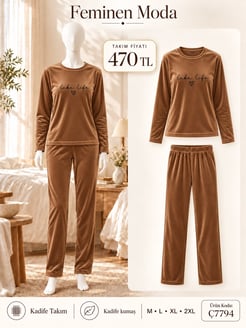 ç7794-kadife uzun kol pijama takımı-kahve