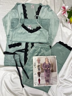 ç8550-kadife 3lü pijama takımı-yeşil