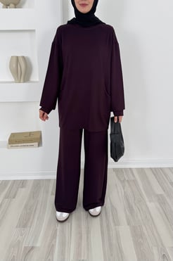 9130 - kristal kumaş cepli tunik pantolonlu takım - mor