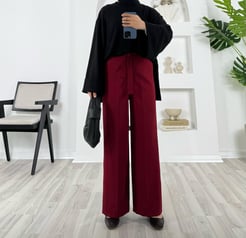 2076 A201+dabıl krep kumaş beli lastikli palazzo pantolon -bordo