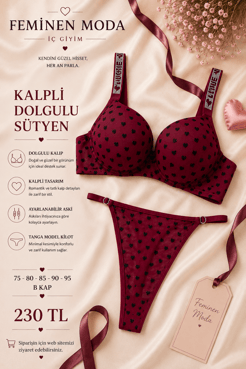 Ç089 DESTEKLİ KALP BASKILI SÜTYEN TAKIMI-KIRMIZI