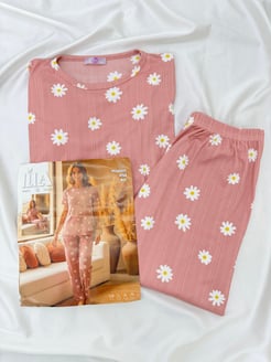ç1127-pegasus kumaş kısa kollu pijama takımı-pudra