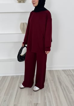 9130 - kristal kumaş cepli tunik pantolonlu takım - bordo