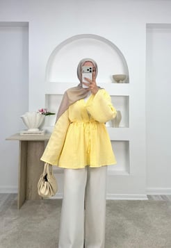 7796-müslin kumaş fırfır detaylı tunik-sarı