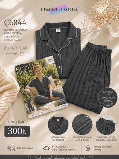 ç6844-bürümcük kumaş gömlek yaka kısa kollu pijama takımı-füme
