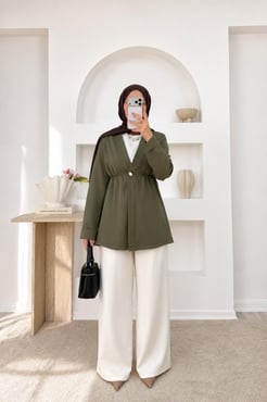 6341-dabıl kumaş beli lastikli tunik-yeşil