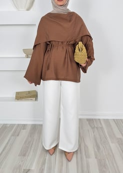 1506-modal kumaş bağlamalı tunik-kahverengi