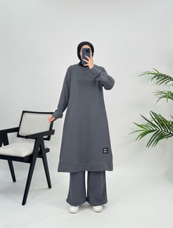 7894-G90-91iki iplik kumaş tunik takım Füme
