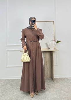 5312-modal kumaş kemerli elbise-kahve