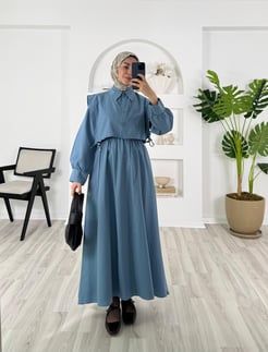 8755-terikoton kumaş-beli lastikli gömlekli elbise-bebe mavisi