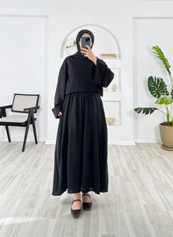 7379-ayrobin kumaş-beli lastikli  etek-siyah