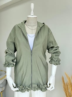 4292-tam boy astarlı paraşüt kumaş-bilek ucu ve altı fırfırlı ceket-su yeşili