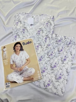 ç300-07 - kısa kollu bambu çiçekli pijama takımı - beyaz 