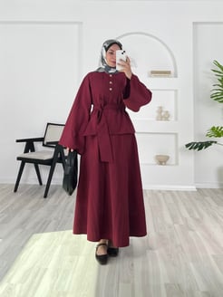 7999 - linea paraşüt kumaş bluzu üç dügmeli etekli takım - bordo 