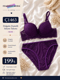 ç1463-dolgulu dantelli sütyen takımı-mor