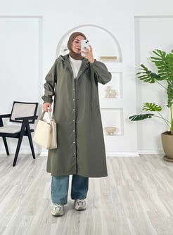 3985-bondit kumaş-çıtçıtlı kapşonlu trenç-çağla yeşili