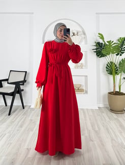0425-gofre kumaş-gül detaylı kemerli elbise-kırmızı