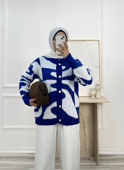 158-zebra desen düğmeli triko hırka-mavi