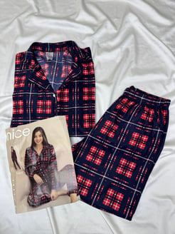 ç5490 - süet kumaş dügmeli kareli pijama takımı - siyah