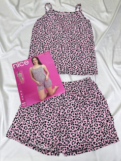 ç4262 - milan kumaş ip askılı leoparlı şortlu pijama takımı - pembe