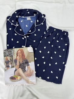 ç6811-bürümcük kumaş şortlu kısa kollu pijama takımı-siyah