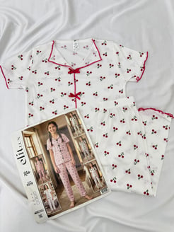 ç9316-viskon kaşkorse kumaş kısa kollu kirazlı pijama takımı-beyaz