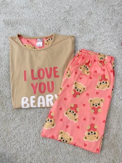 ç6651-milan kumaş kısa kollu ayıcıklı pijama takımı-taş