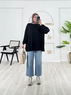 5236-oysho kumaş-balıkçı yaka düz model tunik-siyah