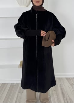 70040 fox kumaş astarlı kuşaklı kaban-siyah