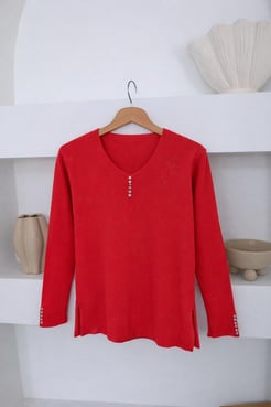 9763-taşlı fitilli triko kazak-kırmızı