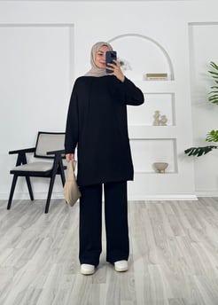 7321 -oysho kumaş önü çımalı bol paça pantolonlu takım - siyah  