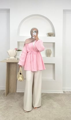 7796-müslin kumaş fırfır detaylı tunik-pembe 