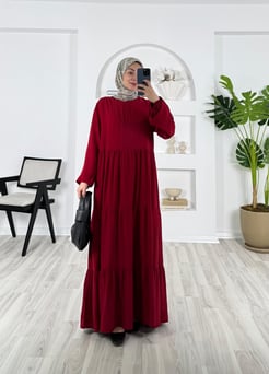 3475-pamuk viskon kumaş-bilek ucu büzgülü elbise-bordo
