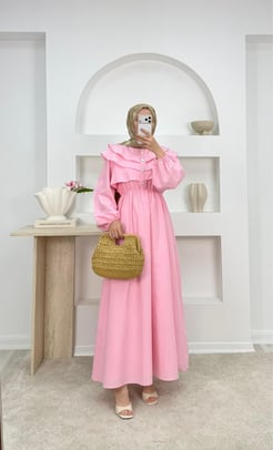 5899-poplin kumaş fırfırlı elbise-pembe 