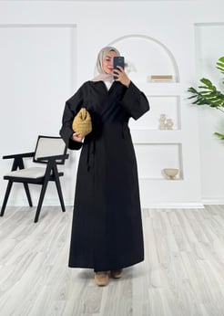 4652 - poplin kumaş yaka detaylı uzun kimona ceket - siyah